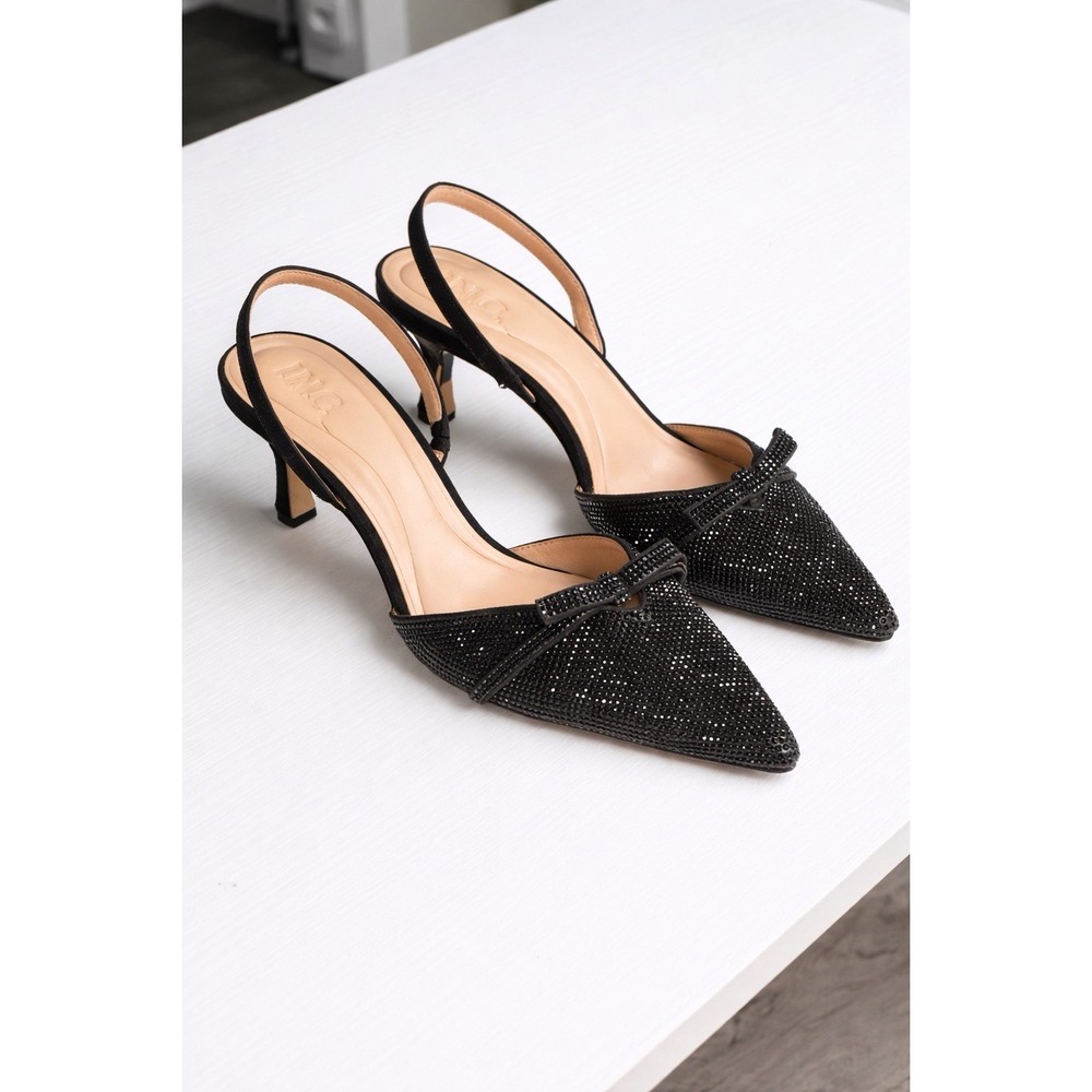 INC Rhinestone Slingback Heels Black Pointed Toe Kitten Heel Bow Size 8.5
